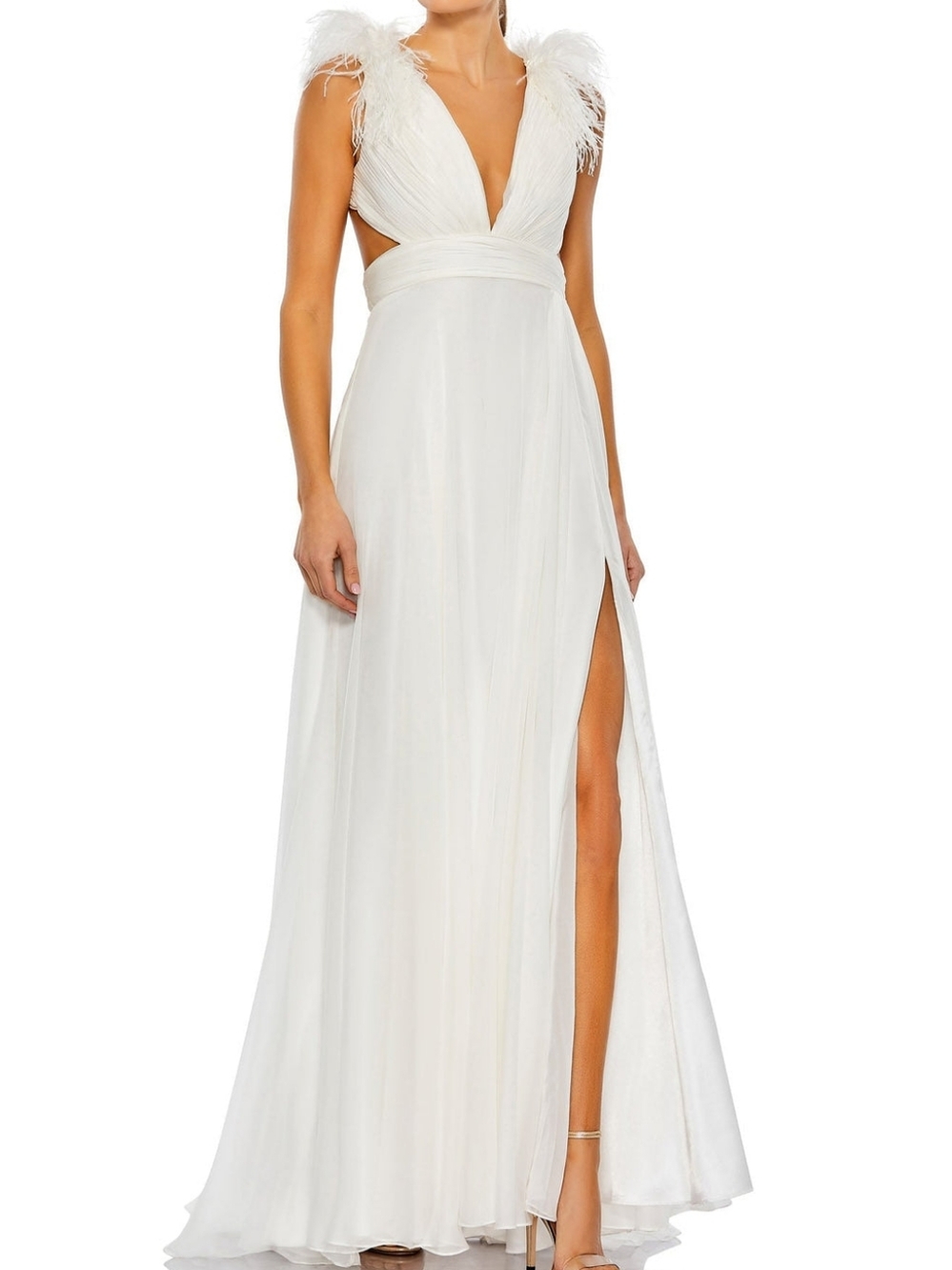 Mac Duggal 68113 White Plunge Ostrich Feather A-Line Corset Back Gown 6 NWT - Picture 2 of 14